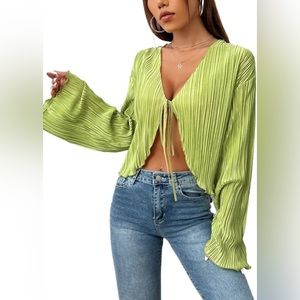 Zaful Tie Front Flounce Sleeve Crop Blouse Womens Size Small